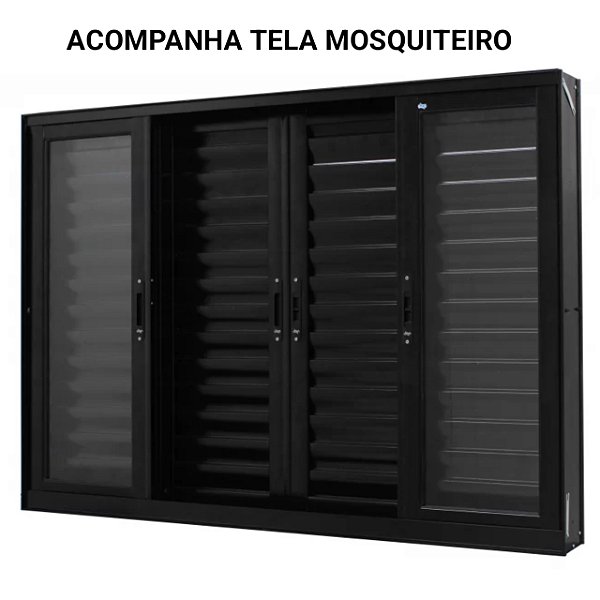 Janela veneziana alumínio preto 6 folhas sem grade vidro liso incolor com tela mosquiteiro - jap perfecta max