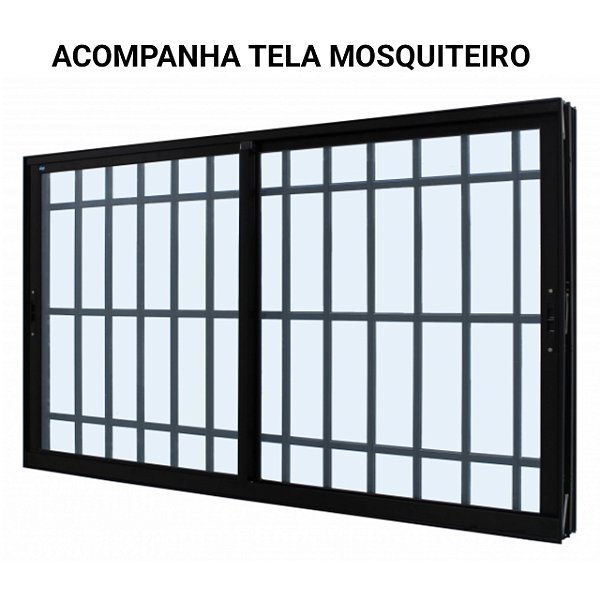 Janela de correr alumínio preto 2 folhas móveis com grade vidro liso incolor com tela mosquiteiro - jap caribe max