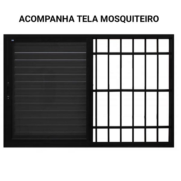 Janela veneziana alumínio preto 3 folhas móveis com grade vidro liso incolor com tela mosquiteiro - jap perfecta max