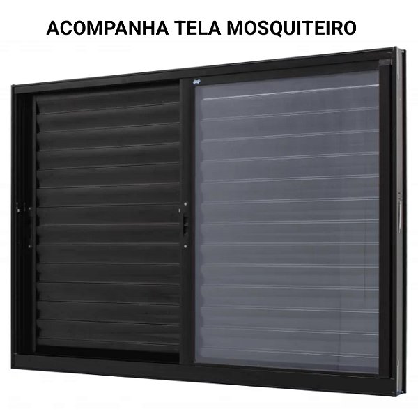 Janela veneziana alumínio preto 3 folhas móveis sem grade vidro liso incolor com tela mosquiteiro - jap caribe max