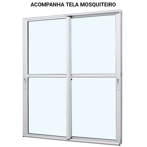 Porta de correr alumínio branco 2 folhas móveis vidro liso com fechadura com tela mosquiteiro - jap caribe max