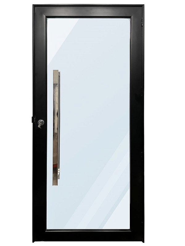 Porta alumínio preto vidro panorâmico liso incolor temperado 6mm com puxador e fechadura rolete - linha 30 topsul esquadrisul