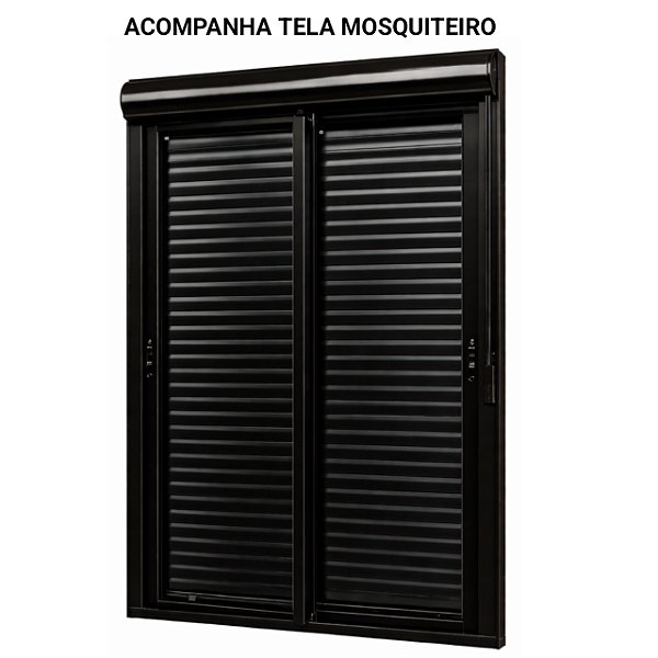 Porta com persiana integrada alumínio preto vidro temperado 6mm com fecho concha acionamento manual com tela mosquiteiro - jap caribe max
