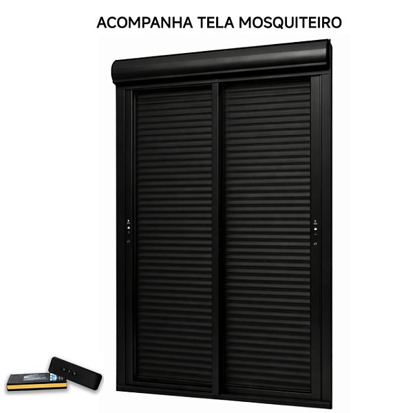 Porta com persiana integrada alumínio preto vidro temperado 6mm com fecho concha acionamento por controle remoto com tela mosquiteiro - jap caribe max
