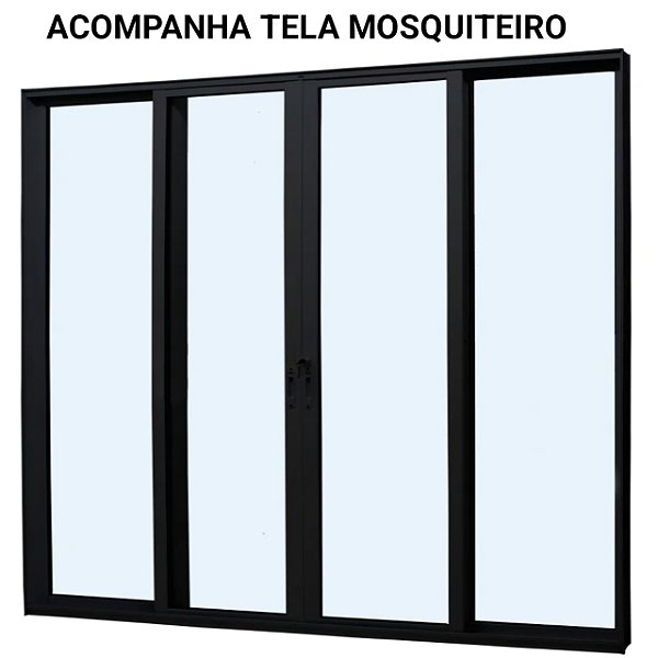 Porta de correr alumínio preto 4 folhas vidro temperado 6mm com fechadura com tela mosquiteiro jap caribe max
