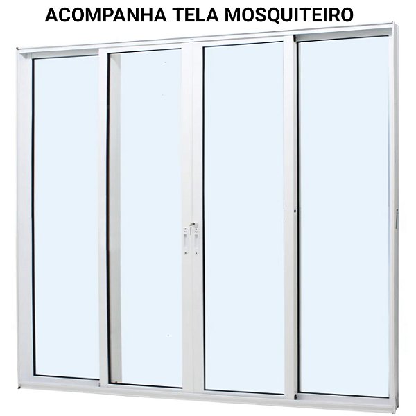 Porta de correr alumínio branco 4 folhas vidro temperado 6mm com fechadura com tela mosquiteiro jap caribe max