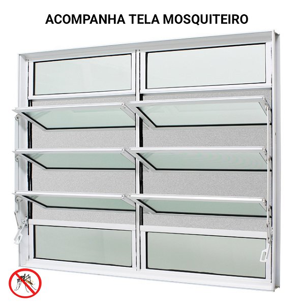 Janela basculante alumínio branco 2 seções vidro mini boreal com tela mosquiteiro - jap caribe max