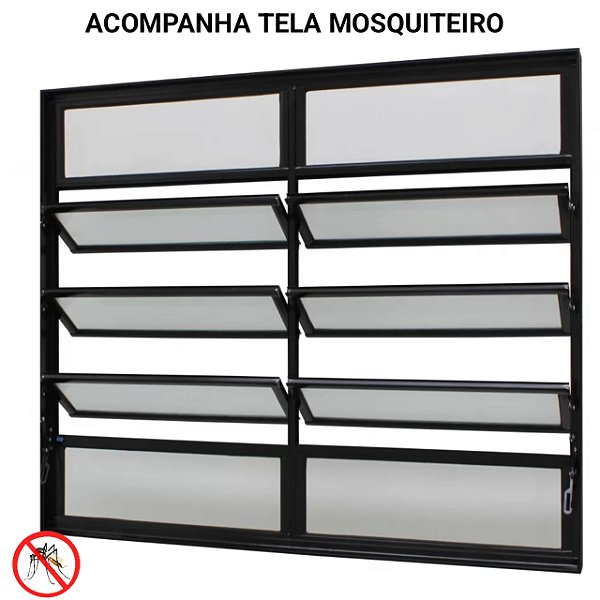 Janela basculante alumínio preto duas seções vidro mini boreal com tela mosquiteiro - jap caribe max