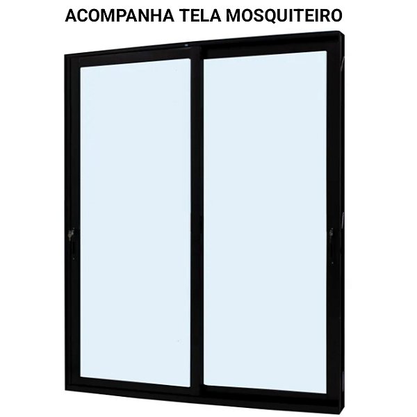 Porta de correr alumínio preto 2 folhas móveis vidro temperado 6mm com fechadura com tela mosquiteiro - jap perfecta max