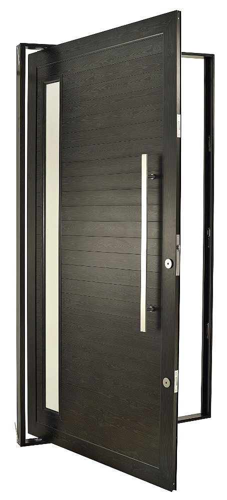 Porta pivotante alumínio deep dark com puxador e visor vidro mini boreal fechadura rolete - linha 30 topsul esquadrisul