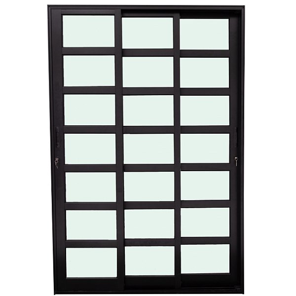 Porta de correr alumínio preto 3 folhas com travessa vidro liso incolor - linha 25