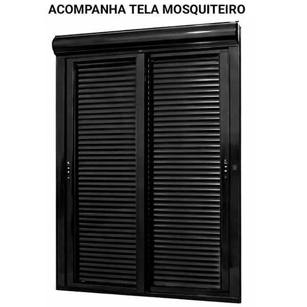 Porta com persiana integrada alumínio preto vidro temperado 6mm acionamento por interruptor com tela mosquiteiro - jap caribe max