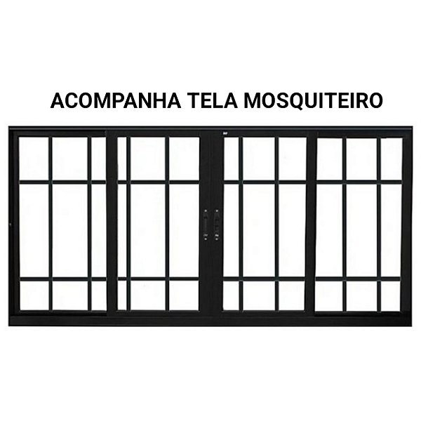 Janela de correr alumínio preto 4 folhas com grade vidro liso incolor com tela mosquiteiro - jap perfecta max