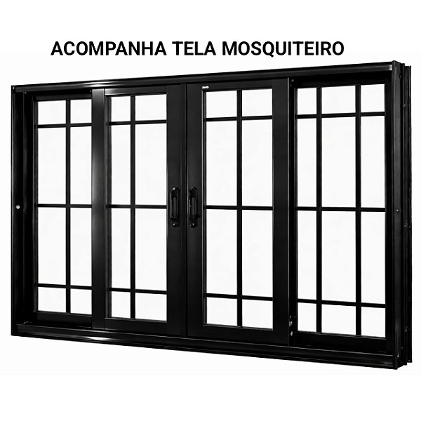 Janela de correr alumínio preto 4 folhas com grade vidro liso incolor com tela mosquiteiro - jap perfecta max
