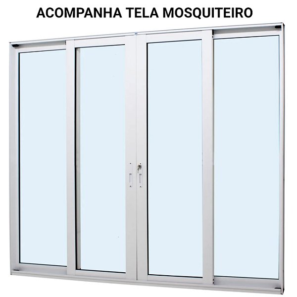 Porta de correr alumínio branco 4 folhas vidro temperado 6mm com fechadura com tela mosquiteiro - linha 30 jap perfecta max