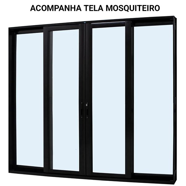 Porta de correr alumínio preto 4 folhas vidro temperado 6mm com fechadura com tela mosquiteiro - linha 30 jap perfecta max