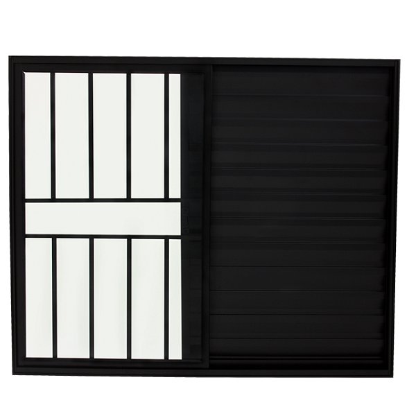 Janela veneziana alumínio preto 3 folhas uma fixa com grade vidro liso incolor - linha 20