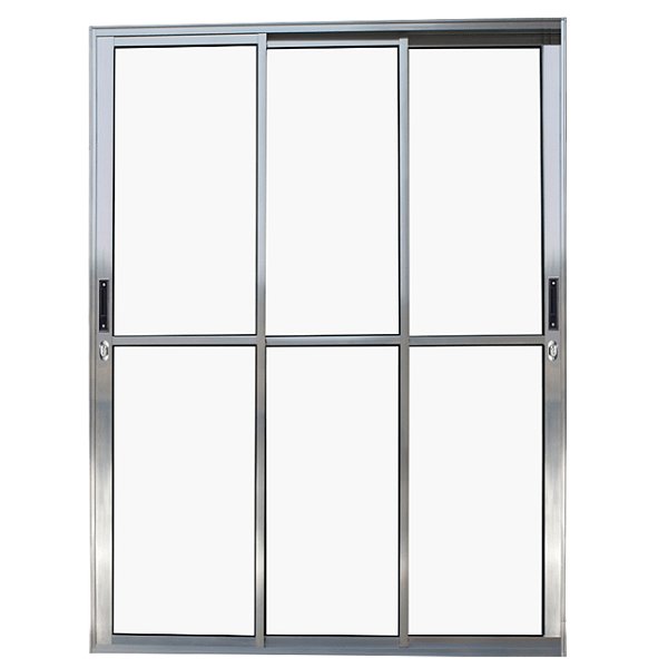 Porta de correr alumínio brilhante 3 folhas móveis com fechadura vidro liso incolor - linha 25