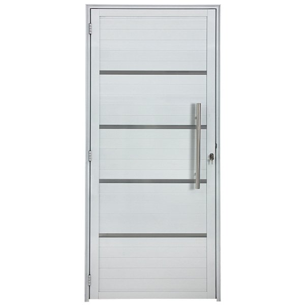 Porta lambril alumínio branco com frisos puxador e fechadura rolete - linha 25