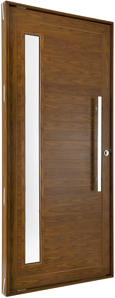 Porta pivotante alumínio cerejeira com puxador e visor vidro mini boreal fechadura rolete linha 30 topsul esquadrisul