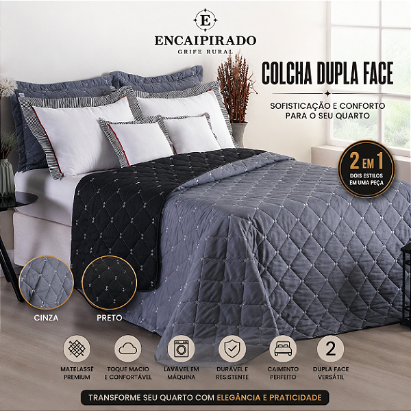 Kit Cobre Leito Dupla Face Casal Queen Bordado Renove Hipercal 400 Fios Cor:cinz