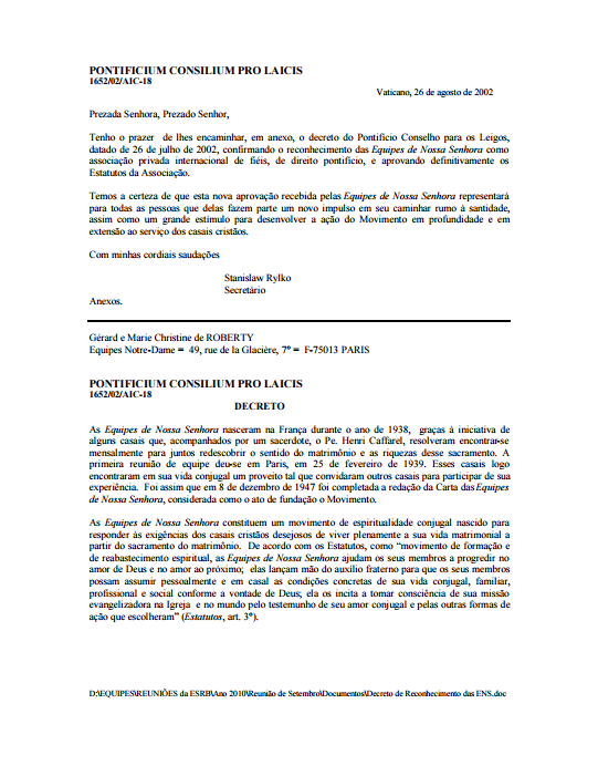 Decreto de Reconhecimento das Equipes de Nossa Senhora