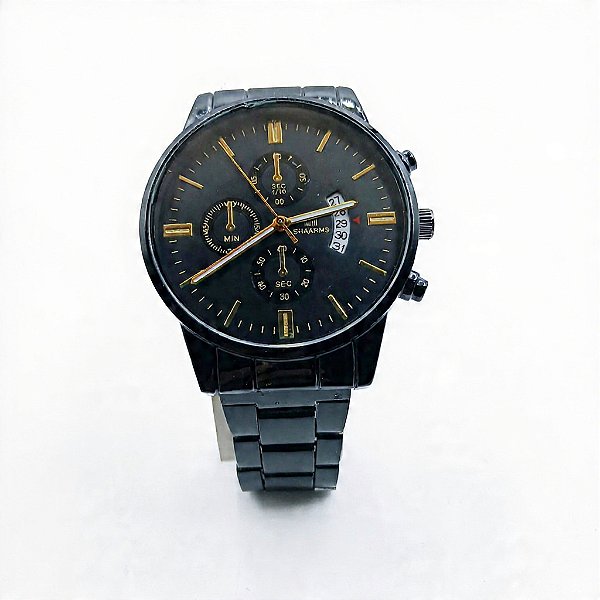 Relógio Masculino Black Chrono Premium Aço Preto com Detalhes Dourados