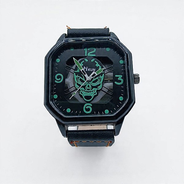 Relógio de Pulso Masculino Preto Fundo Caveira
