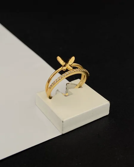Anel Duplo Cravejado com detalhe Banhado em Ouro