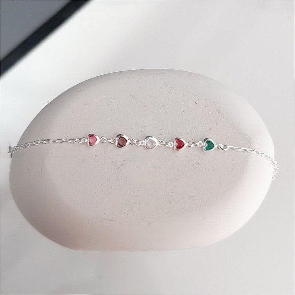 Pulseira Corações Coloridos Banhada Prata