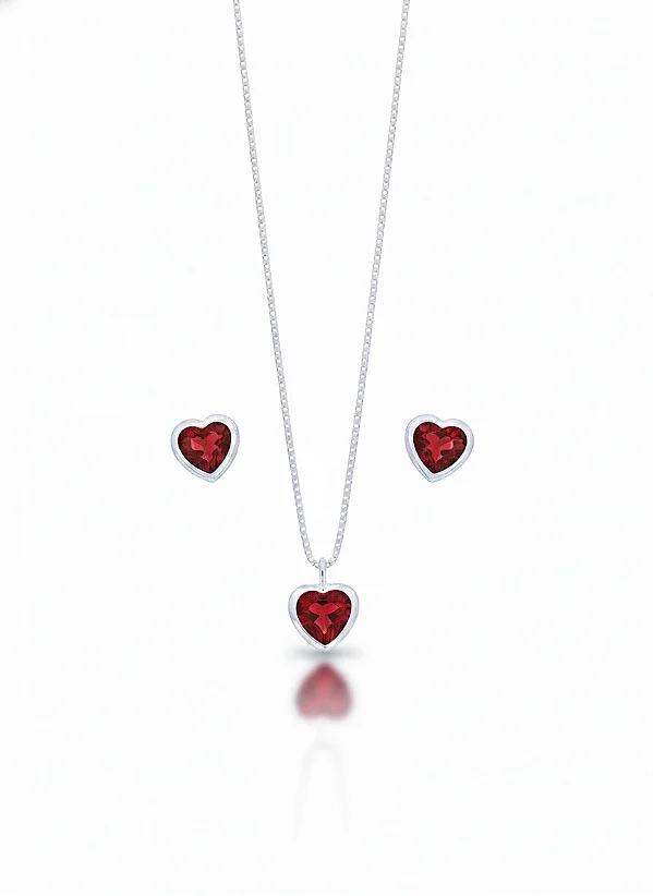 Conjunto Brinco + Colar Ponto de Luz Coração Vermelho
