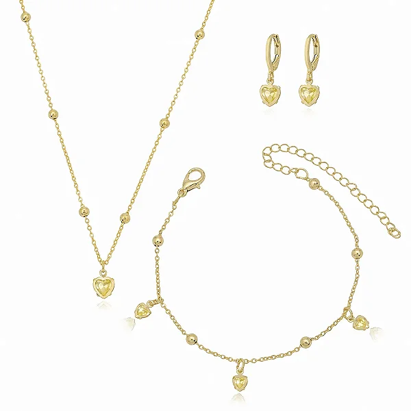 Conjunto Infantil Pendente Coração Zircônia Banhada a Ouro 18k