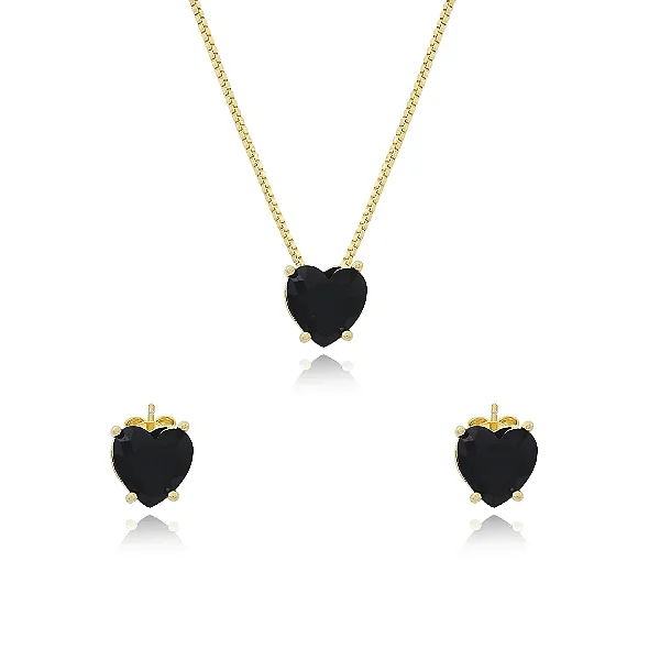 Conjunto Coração Cravejado Zircônias Banhada Ouro 18K