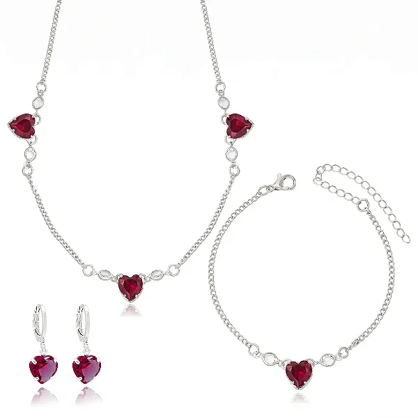 Conjunto Brinco + Choker + Pulseira Coração Zircônias Banhada Prata 1000