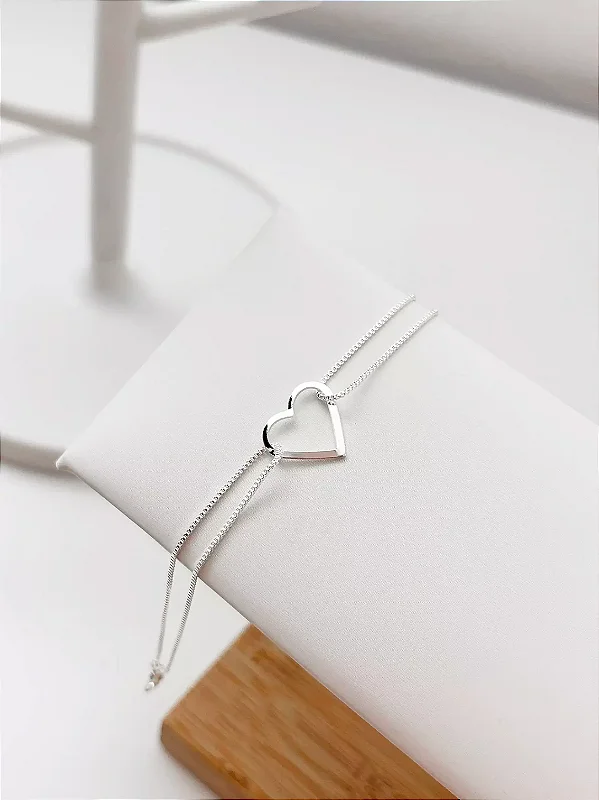 Pulseira Fio Duplo Coração liso Banhado Prata