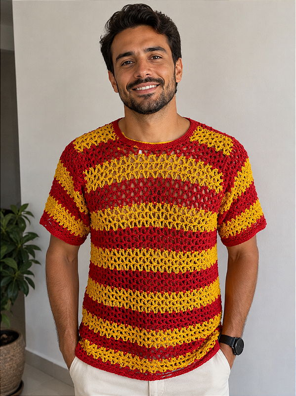 Camisa Masculina Crochê Manga Curta P e M