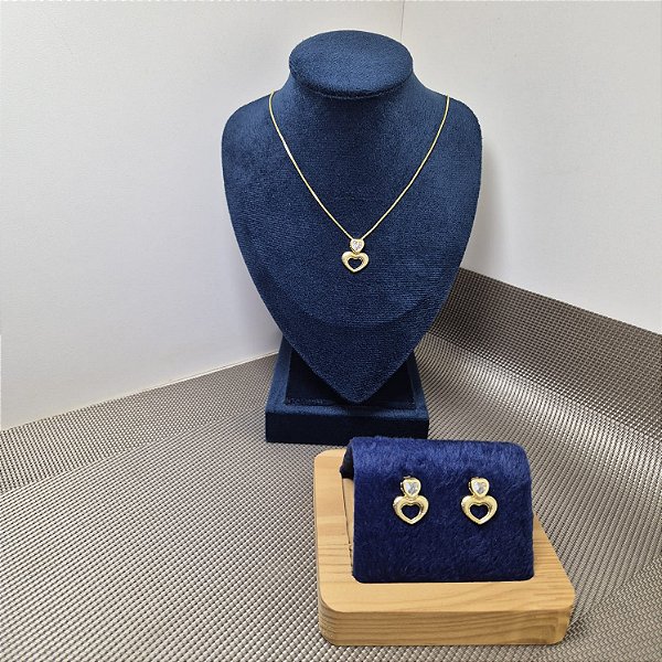 CONJUNTO CORAÇÃO DUPLO CRISTAL BANHADO OURO 18K