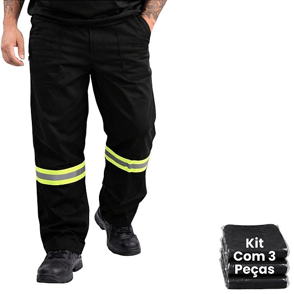Kit 3 Calças Em Brim Com Faixa Refletiva