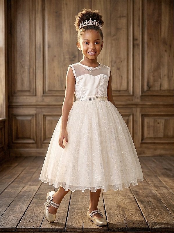 Vestido Infantil Festa Luxo, em Cetim, Off White com Tule Brilhante e Renda