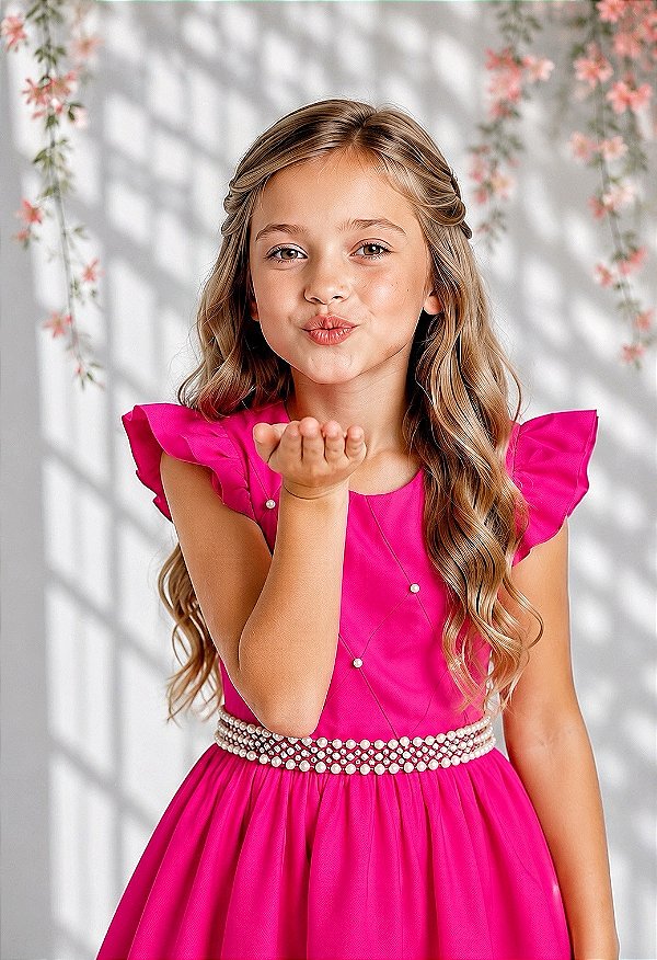 Vestido Longo Daminhas, Infantil Pink em Poliéster, Nervura com Pérolas