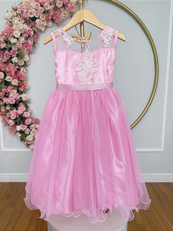 Vestido Infantil Rosa C/ Renda e Tule Glitter Daminha