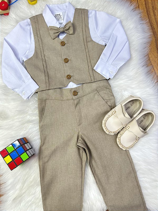 Conjunto Social Pajem Camisa Branca Calça e Colete Caqui