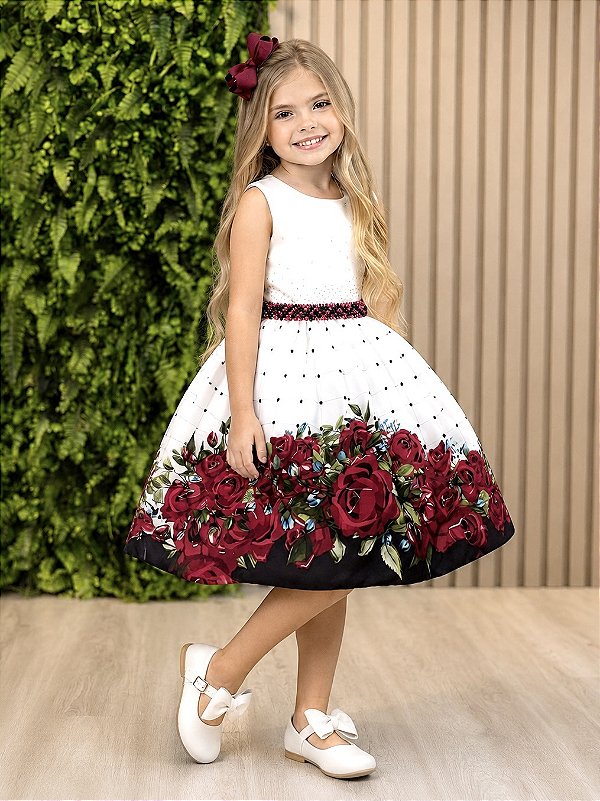Vestido Infantil Off White Florido Marsala Busto Strass Festa