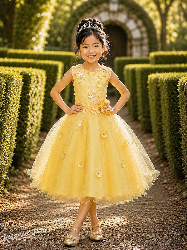 Vestido Infantil Amarelo Rendado Luxo Flores em Aplique