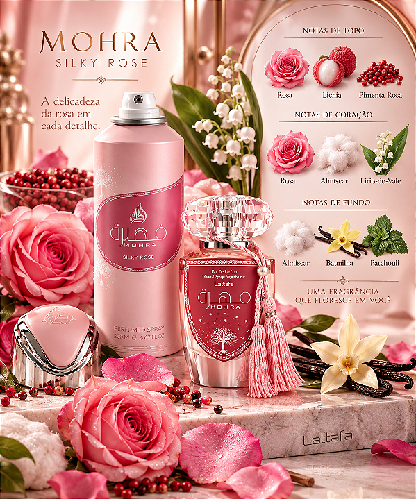 KIT LATTAFA PERFUME MOHRA SILKY ROSE + BODY SPLASH MOHRA SILKY ROSE