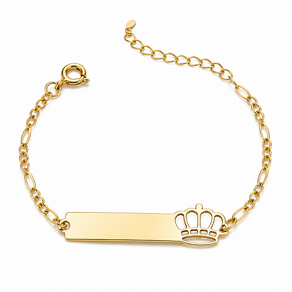 Pulseira Infantil Coroa Personalizada com Nome Gravado a Laser Banhada a Ouro