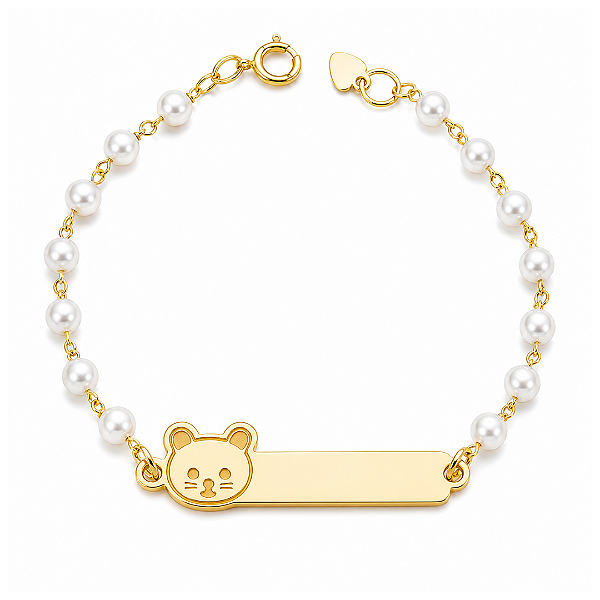 Pulseira Infantil Ursinho com Pérolas Personalizada com Nome Gravado a Laser Banhada a Ouro