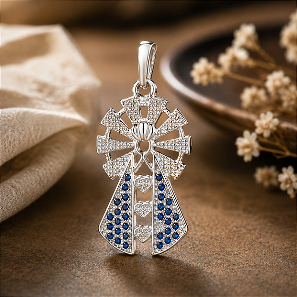 Pingente Nossa Senhora Aparecida de Prata 925 Zircônias Azuis