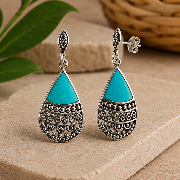 Brinco Arabesco Turquesa de Prata 925 Oval detalhe Vazado