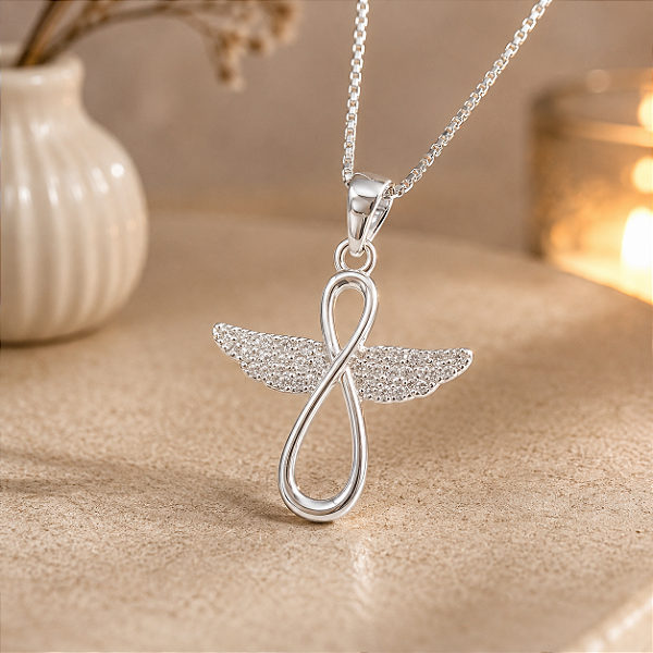 Pingente Anjo Infinito de Prata 925 cravejado de Zircônias
